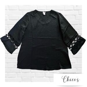 Vintage Black Chicos Cut Out Sleeves Dressy Silky Tunic V-Neck Size Small